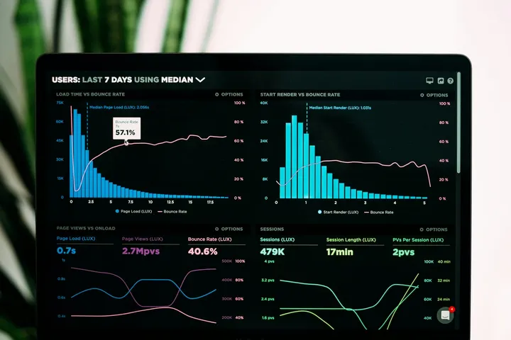 Analytics dashboard on a laptop screen showing load times, bounce rates and session trends